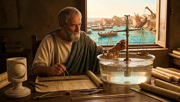 lustración realista de Arquímedes en su estudio experimentando con una balanza hidrostática y una corona de oro. En la mesa hay papiros con geometría, y por la ventana se observa la garra de Arquímedes defendiendo el puerto de Siracusa contra los barcos romanos.