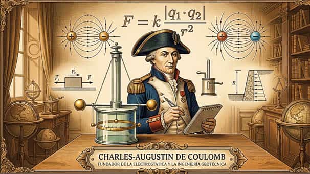 Ilustración de Charles-Augustin de Coulomb junto a su balanza de torsión, la fórmula matemática de la Ley de Coulomb y esquemas de sus aportes a la electrostática y la ingeniería geotécnica.