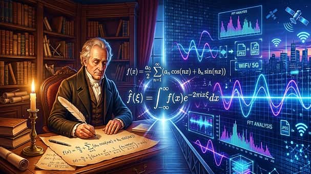 Ilustración conceptual de Joseph Fourier escribiendo ecuaciones matemáticas en el siglo XIX, conectadas a una interfaz digital moderna que muestra gráficos de ondas, tecnología WiFi, MP3 y aplicaciones de la Transformada de Fourier.